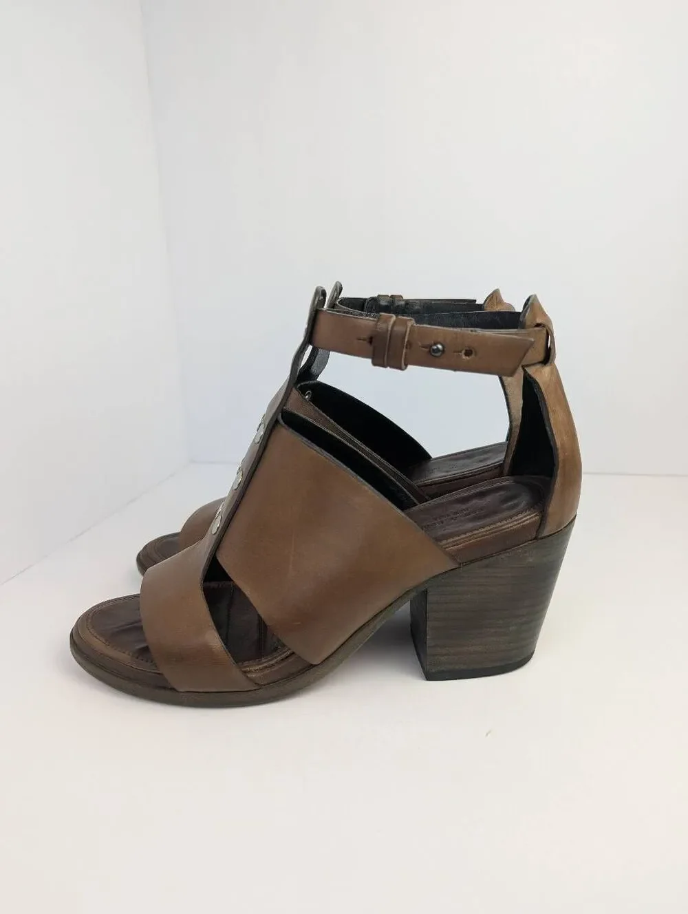 Rag & Bone Charlie Brown burnished leather  studded open toe bootie heels 8